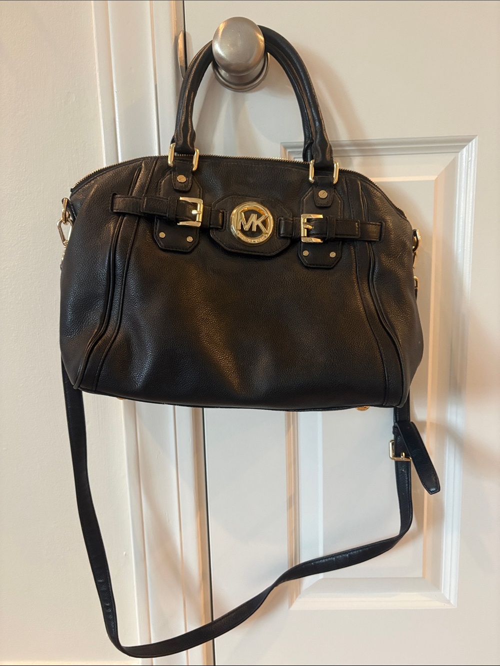 Michael Kors Black Leather Satchel with Gold Hardware and MK Medallion